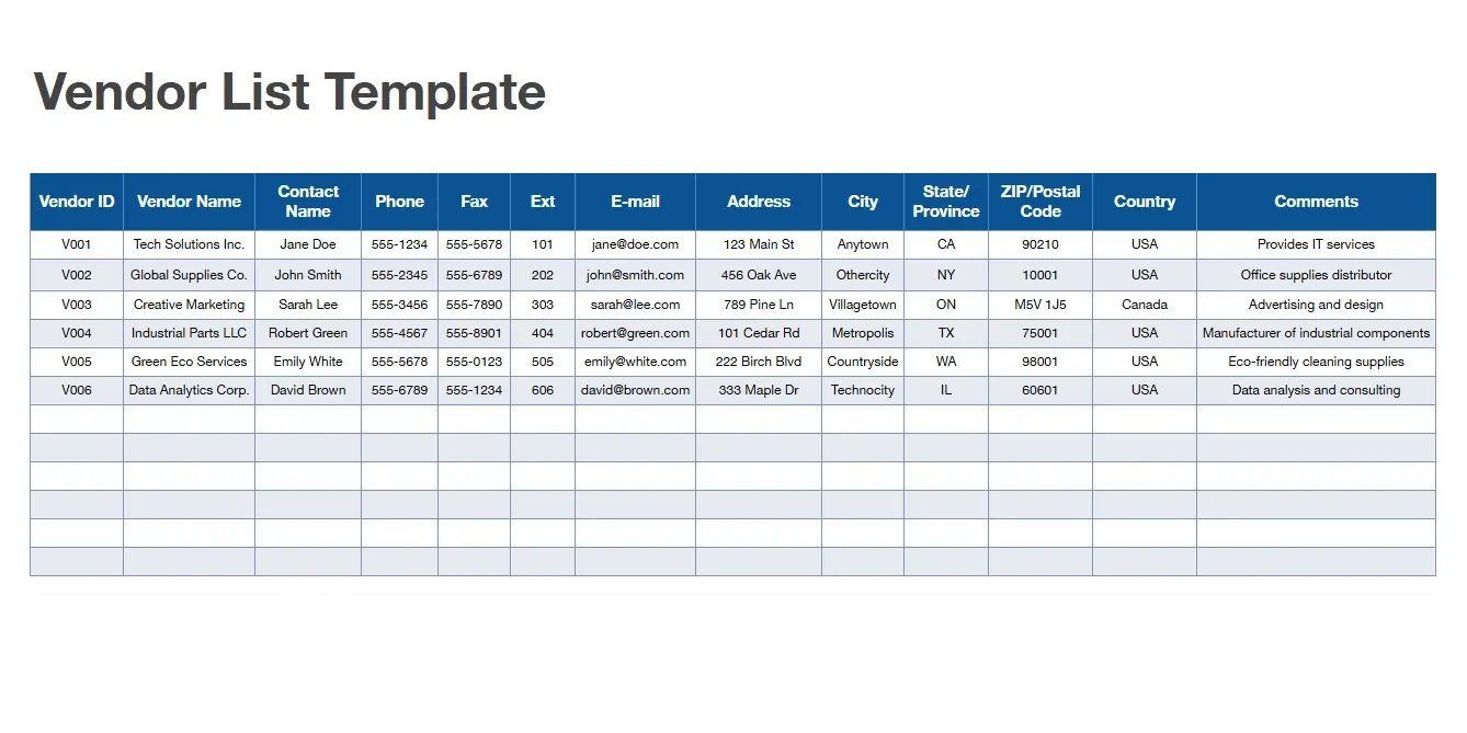 supplier list template