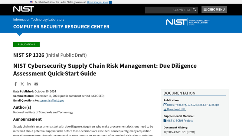 SP 1326, NIST Cybersecurity Supply Chain Risk Management