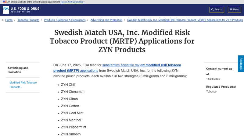 Swedish Match USA, Inc. MRTP) Applications for ZYN Products