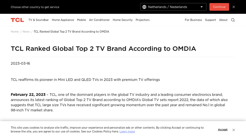TCL Ranked Global Top 2 TV Brand According to OMDIA