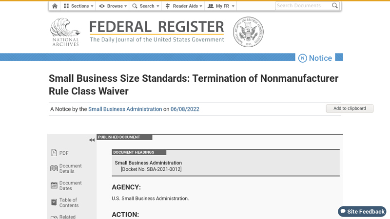 Termination of Nonmanufacturer Rule Class Waiver