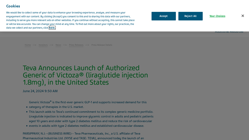 Teva Announces Launch of Authorized Generic of Victoza ...