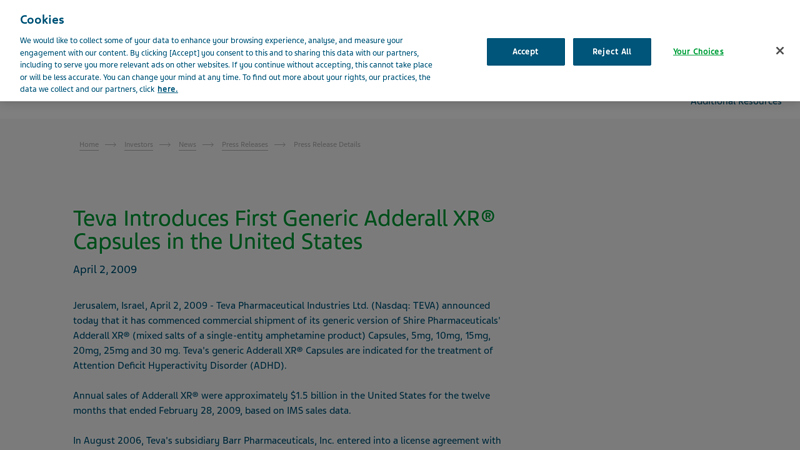 Teva Introduces First Generic Adderall XR® Capsules in the United ...