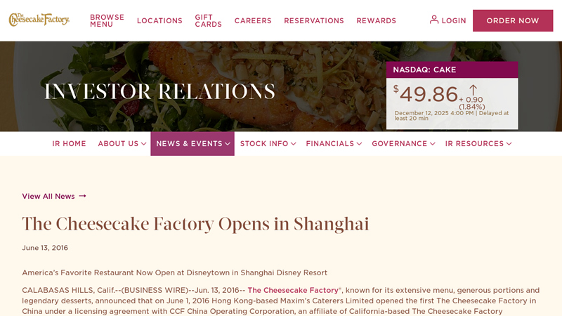 The Cheesecake Factory Opens in Shanghai
