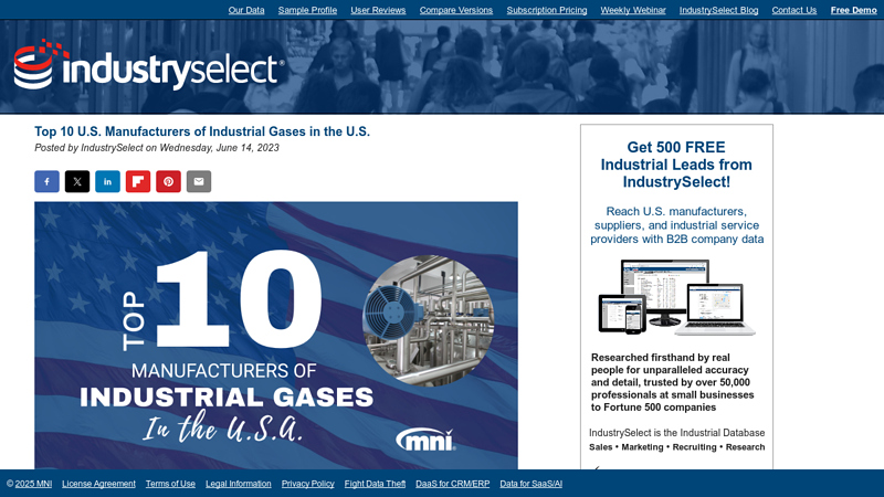Top 10 U.S. Manufacturers of Industrial Gases