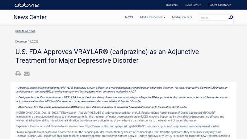 U.S. FDA Approves VRAYLAR® (cariprazine) as an Adjunctive ...