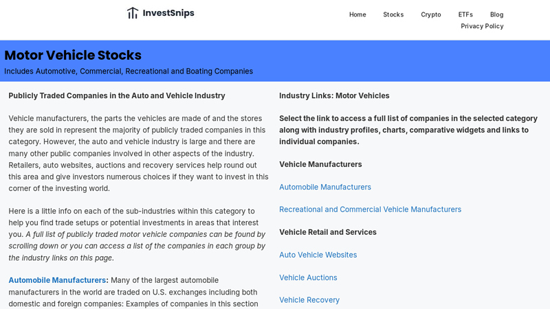 Vehicle Manufacturers & Suppliers on US Exchanges