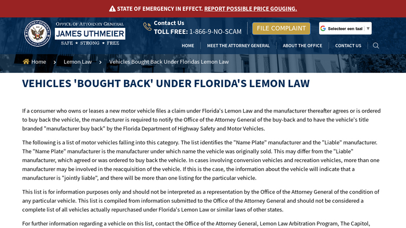 Vehicles 'Bought Back' Under Florida's Lemon Law